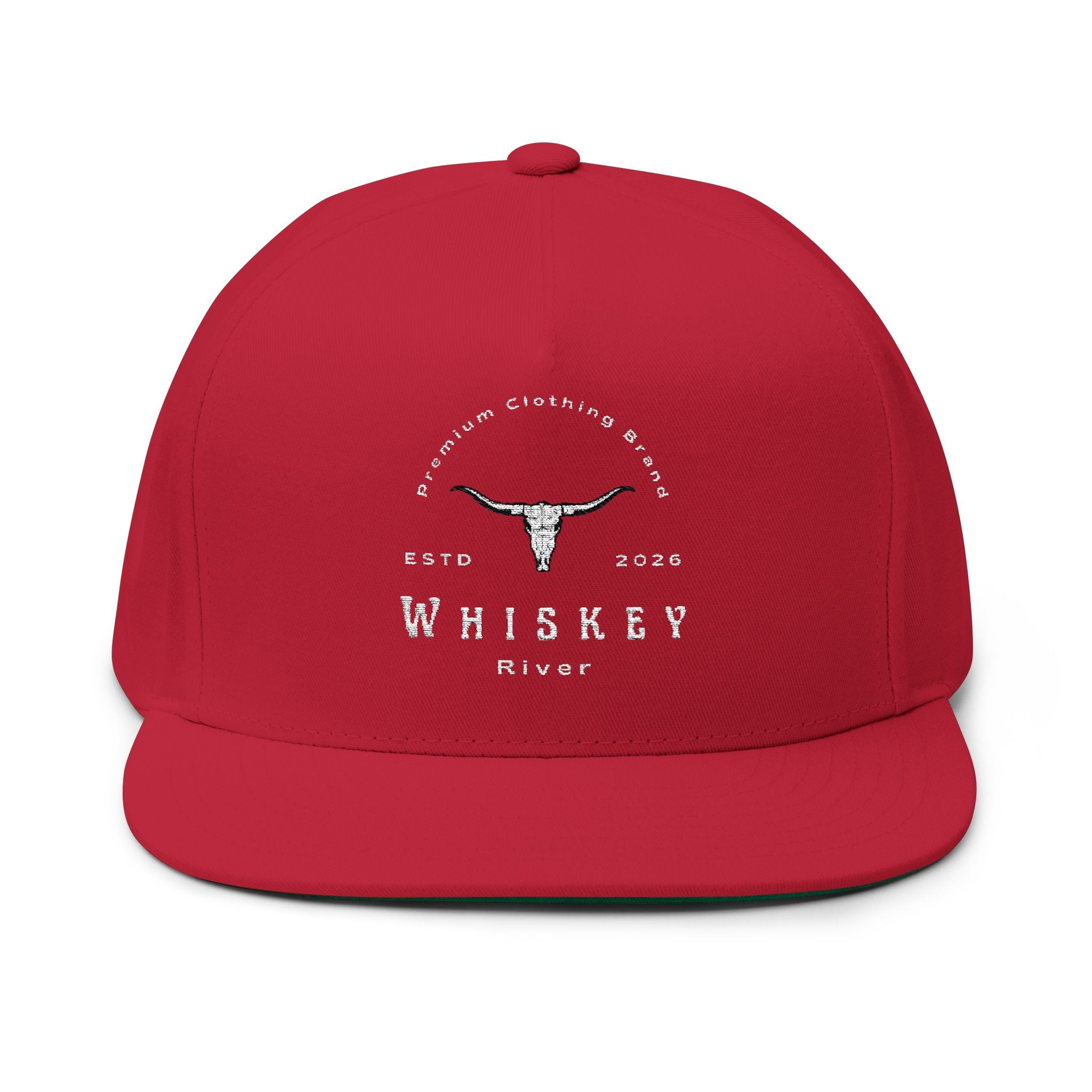 Whiskey River Embroidered Flat Bill Cap — Western Longhorn Logo Snapback