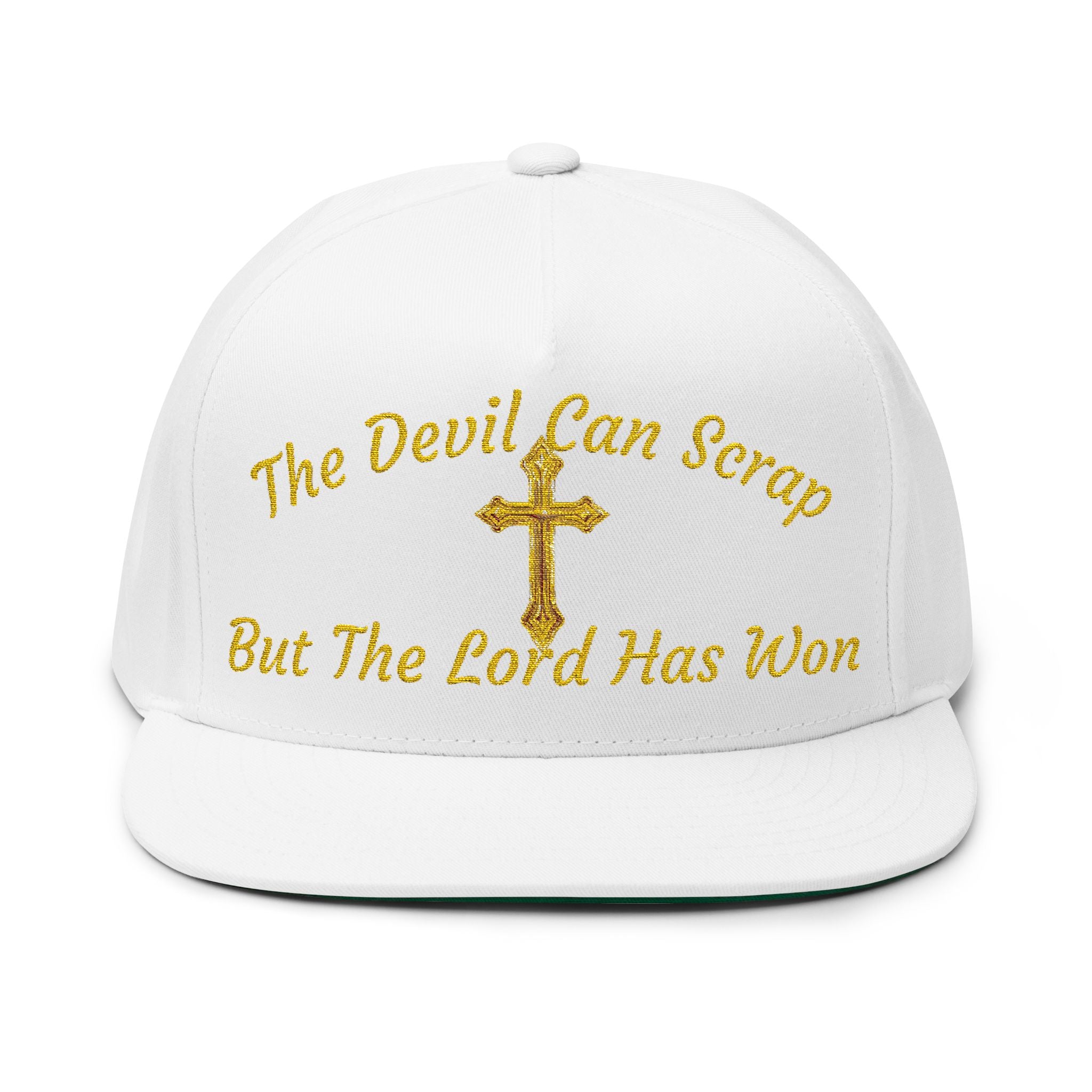 Embroidered Faith Flat Bill Cap — "The Devil Can Scare But The Lord Has Won"