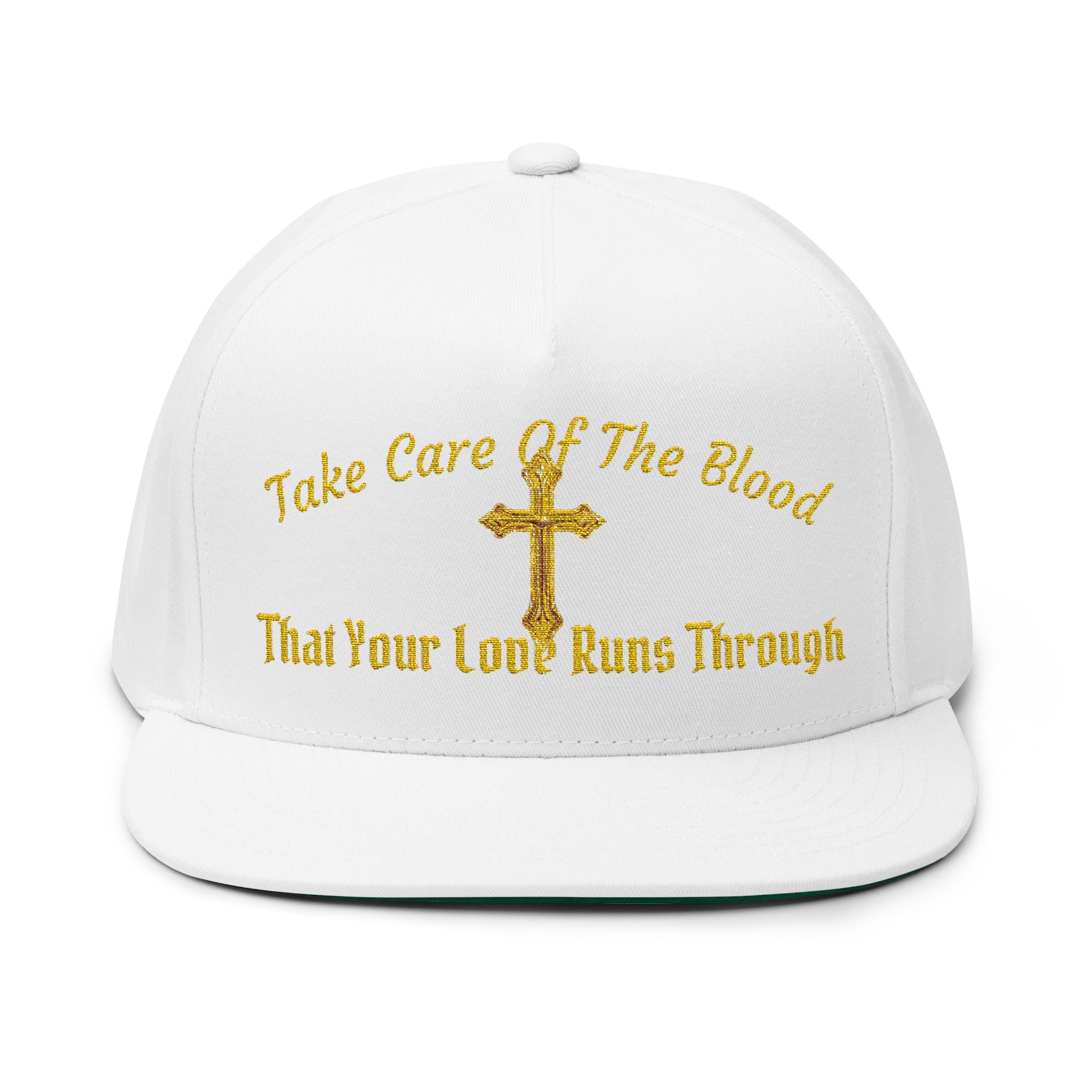 Embroidered Gold Cross Snapback Hat — "Take Care of the Blood That Your Love Runs Through"
