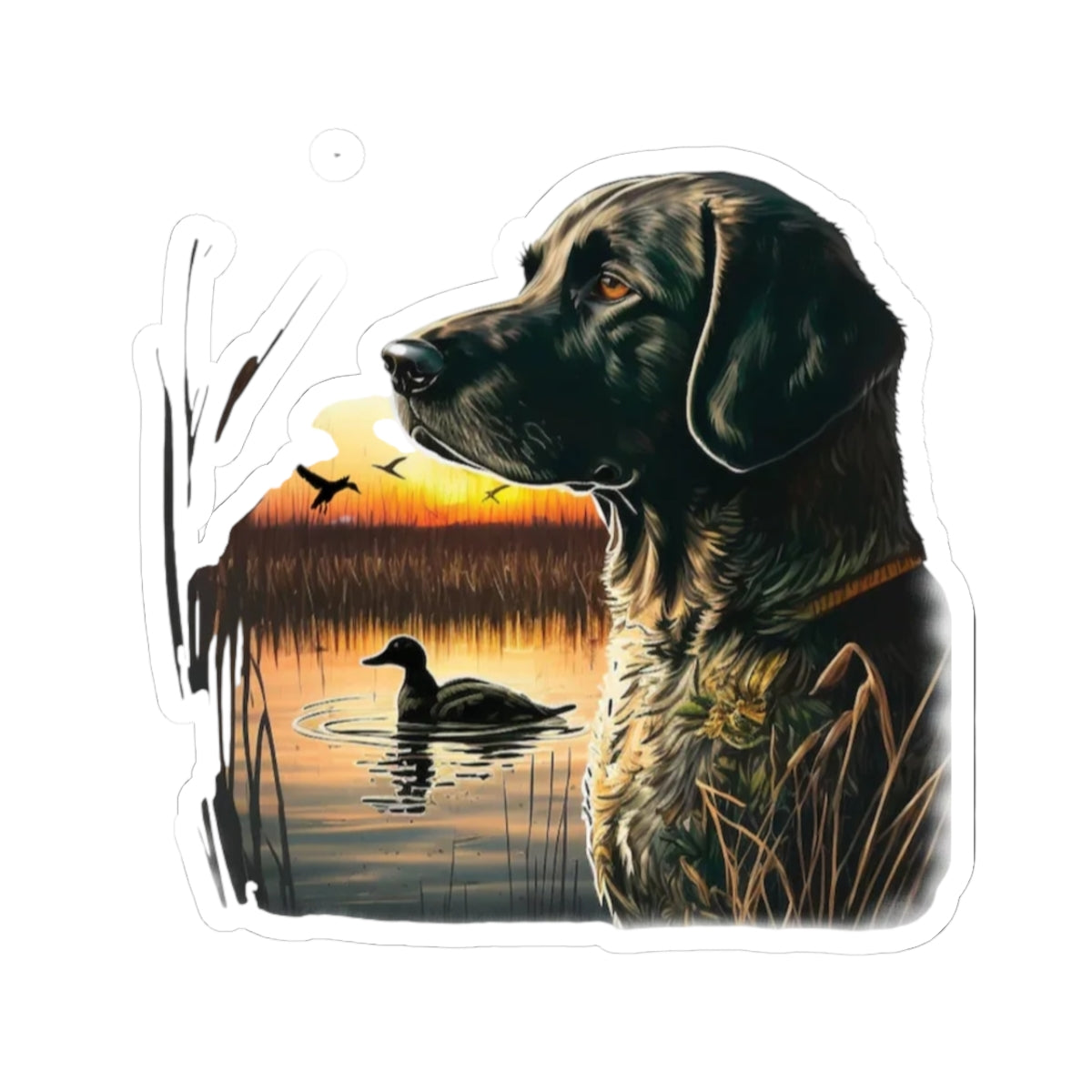 Duck Hunting Black Lab Sticker — Sunset Marsh Kiss-Cut Sticker