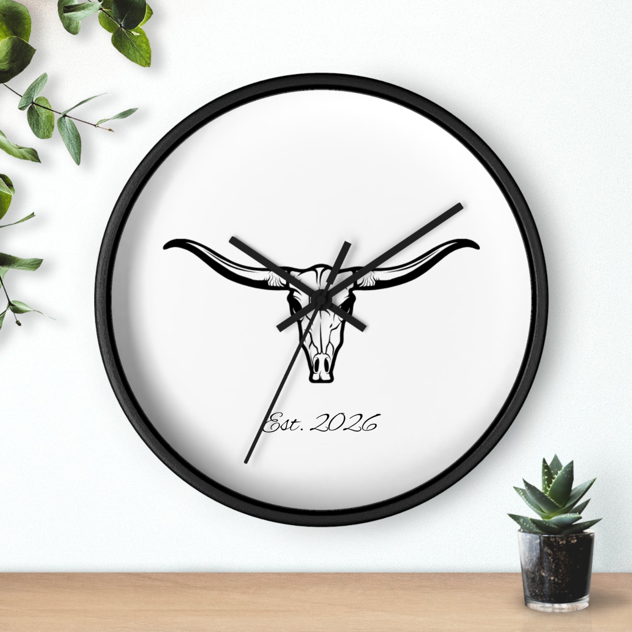 Longhorn Skull Wall Clock — Minimalist Western ‘Est. 2026’ Decorative Clock