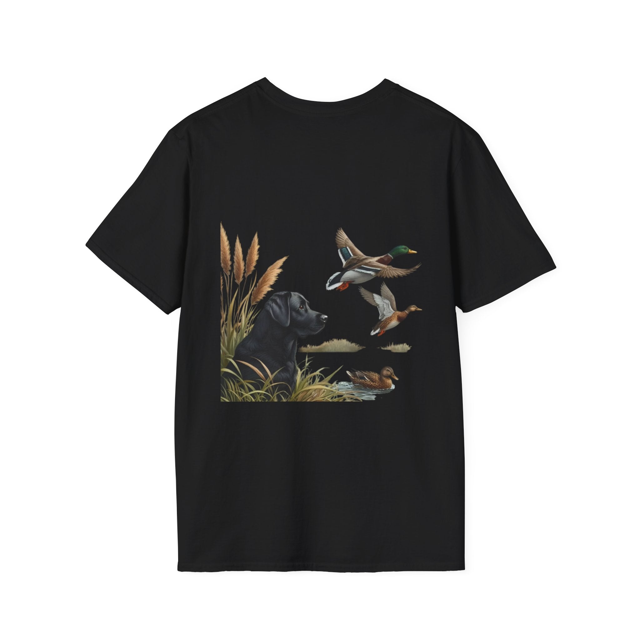 Duck Hunting Dog T-Shirt — Black Lab & Flying Ducks Outdoors Tee