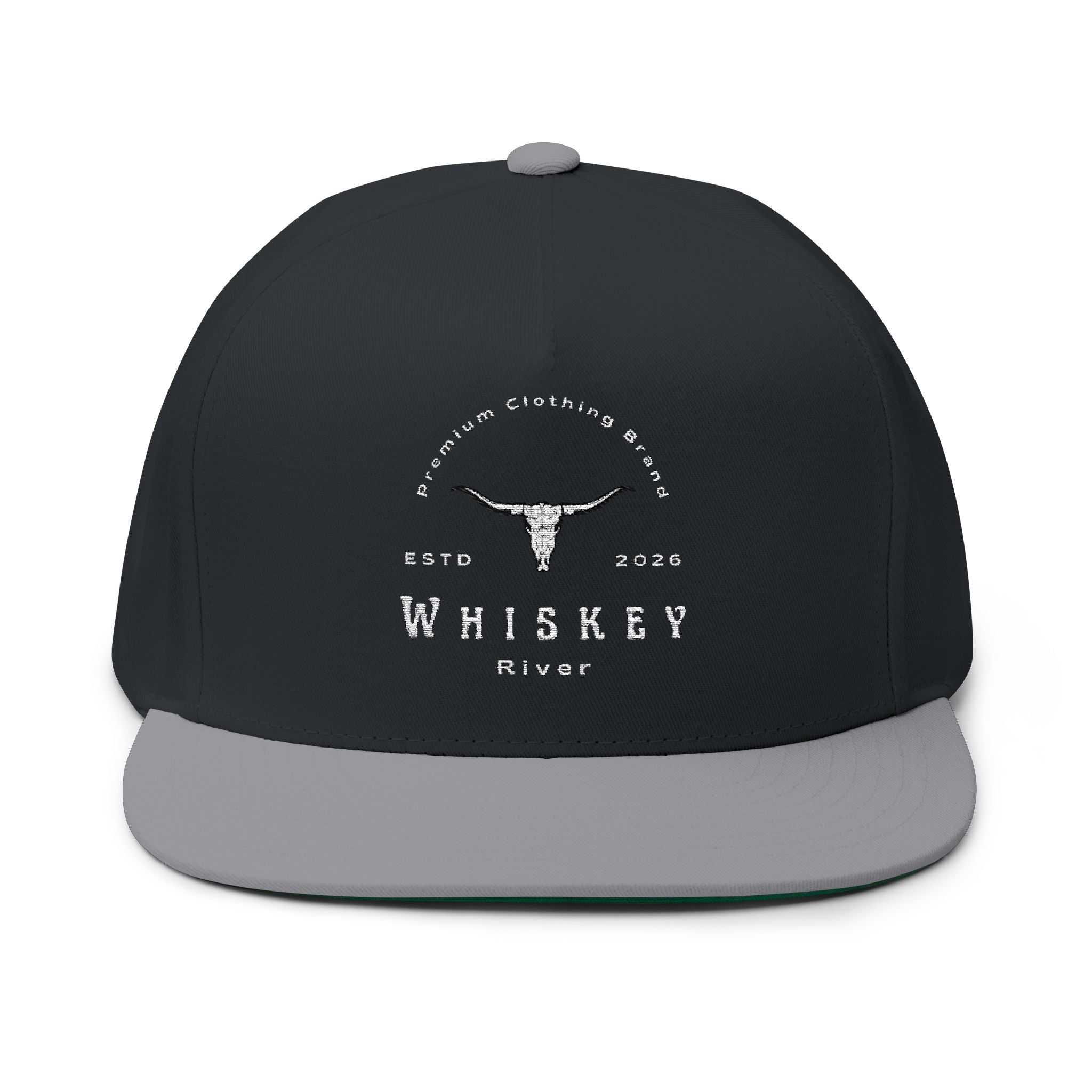 Whiskey River Embroidered Flat Bill Cap — Western Longhorn Logo Snapback