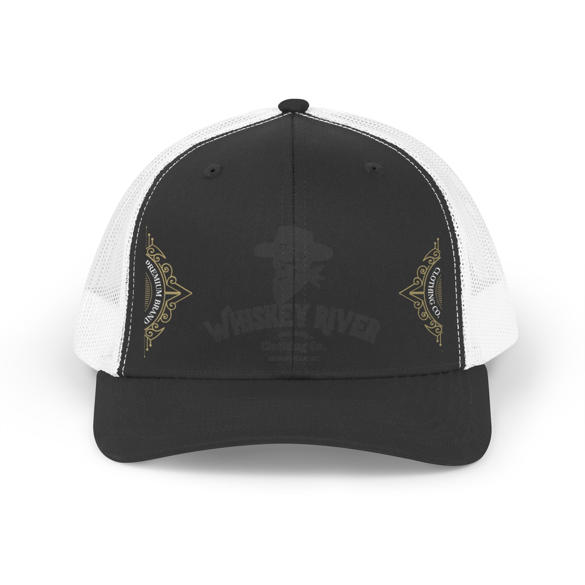 Whiskey River Retro Trucker Hat — Vintage Western Skull Logo Mesh Cap