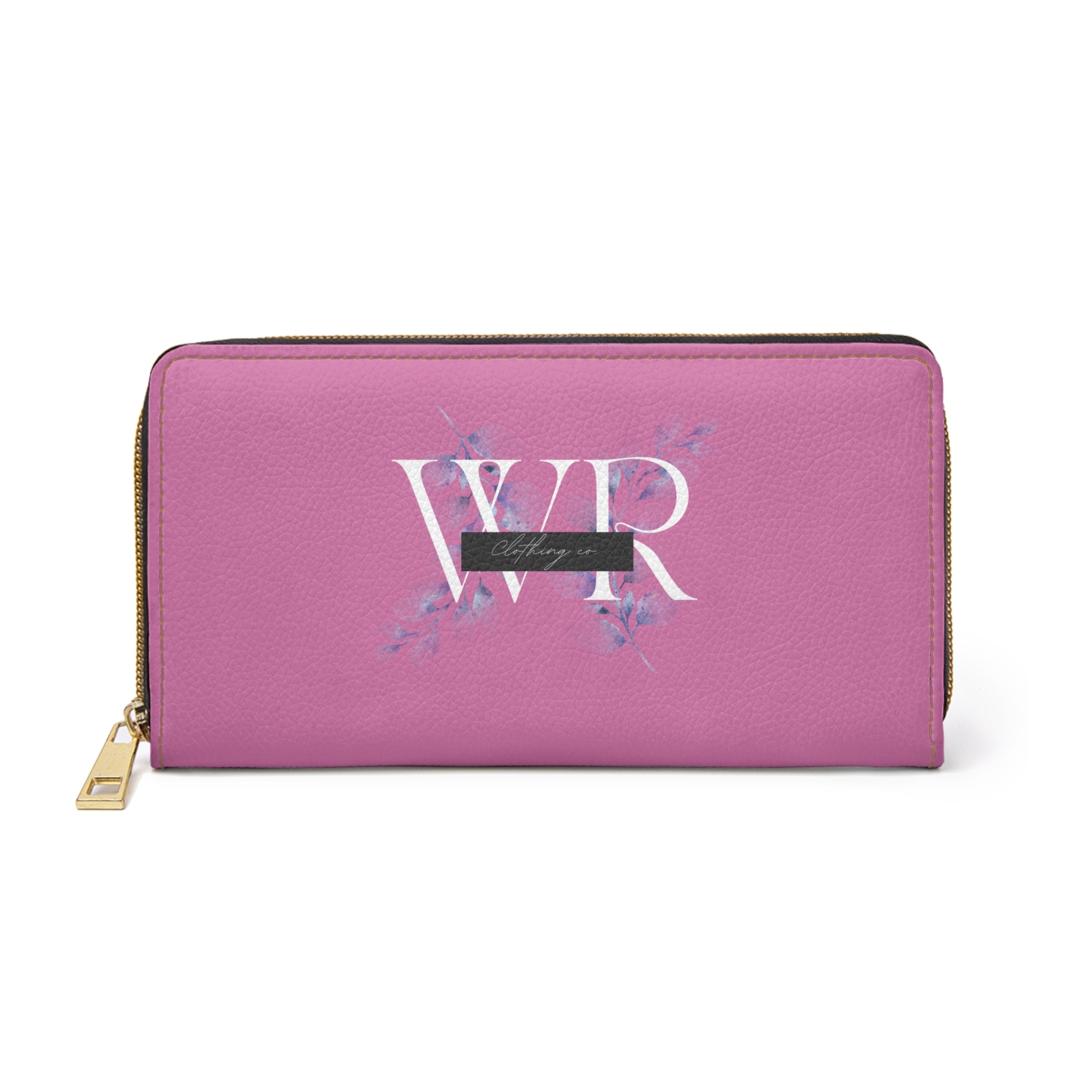 Personalized Pink Zipper Wallet — Monogram WR Floral Leatherette Wallet