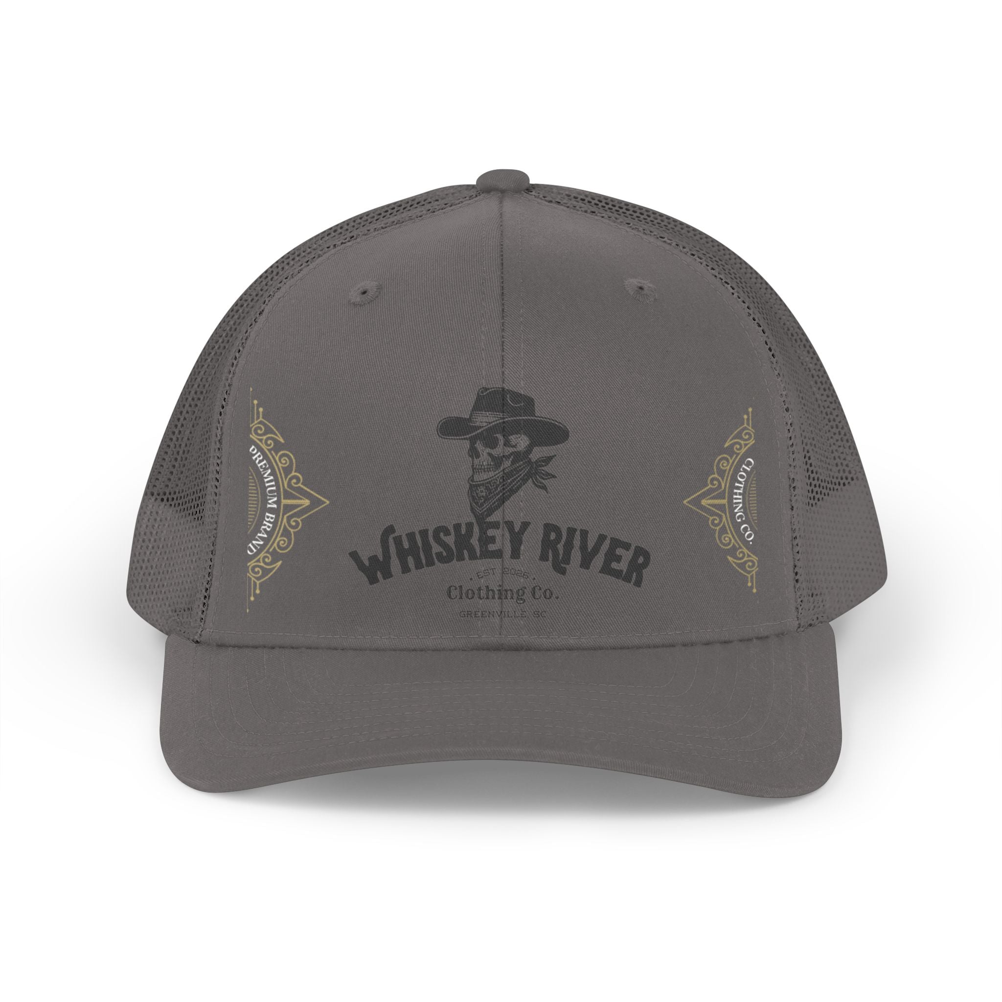 Whiskey River Retro Trucker Hat — Vintage Western Skull Logo Mesh Cap