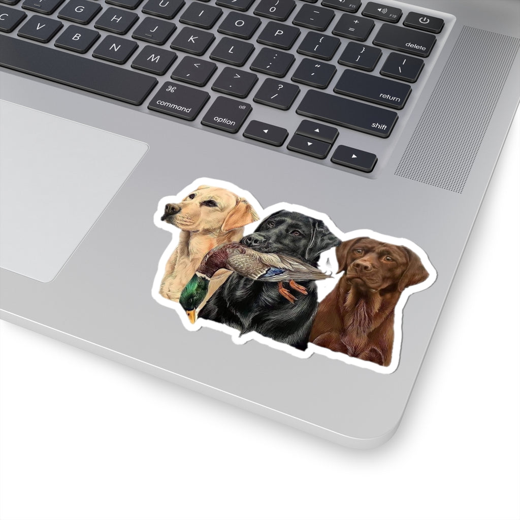 Hunting Labrador Trio Kiss-Cut Sticker — Retriever Dogs with Duck