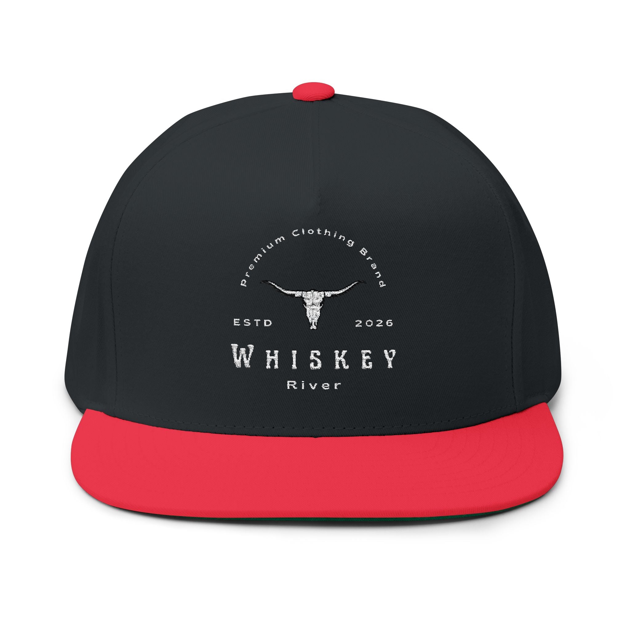 Whiskey River Embroidered Flat Bill Cap — Western Longhorn Logo Snapback