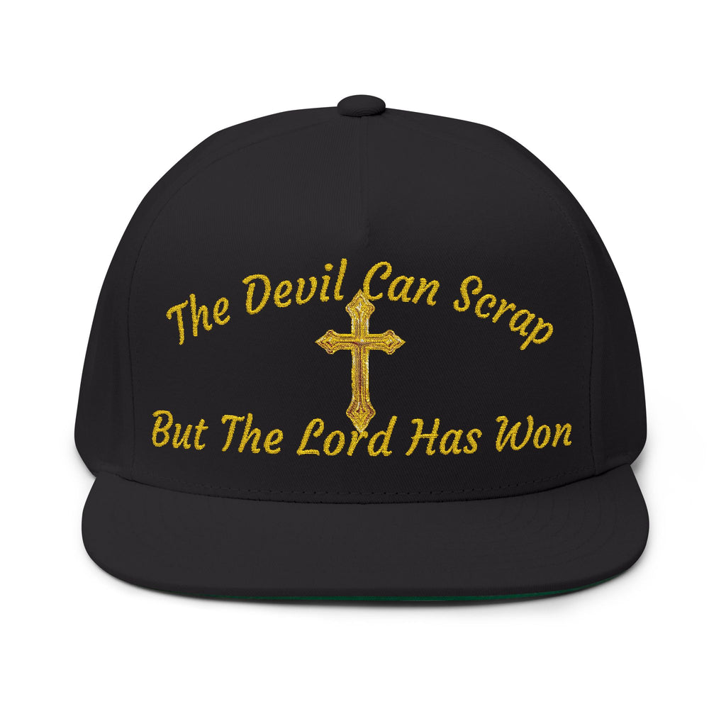 Embroidered Faith Flat Bill Cap — "The Devil Can Scare But The Lord Has Won"