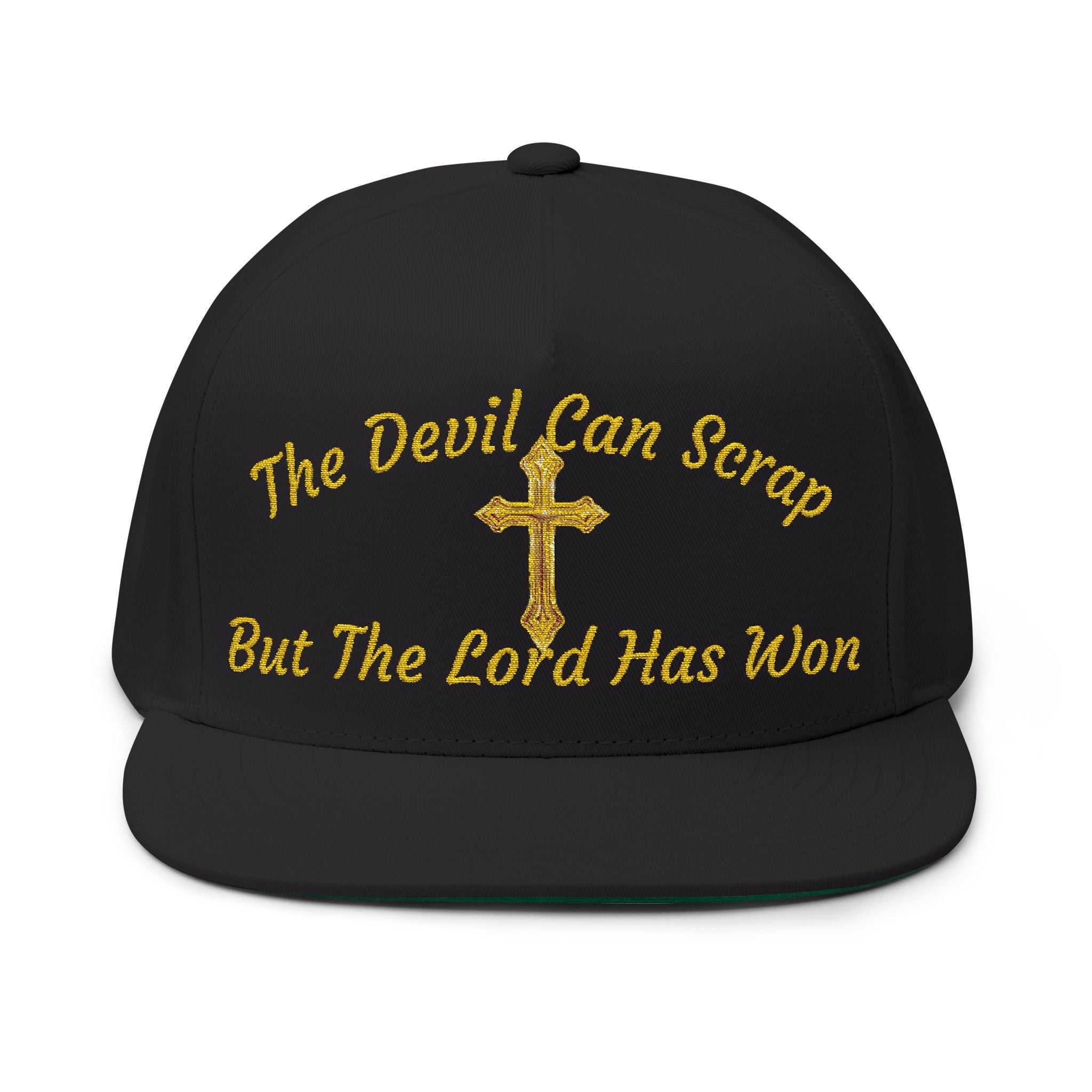 Embroidered Faith Flat Bill Cap — "The Devil Can Scare But The Lord Has Won"