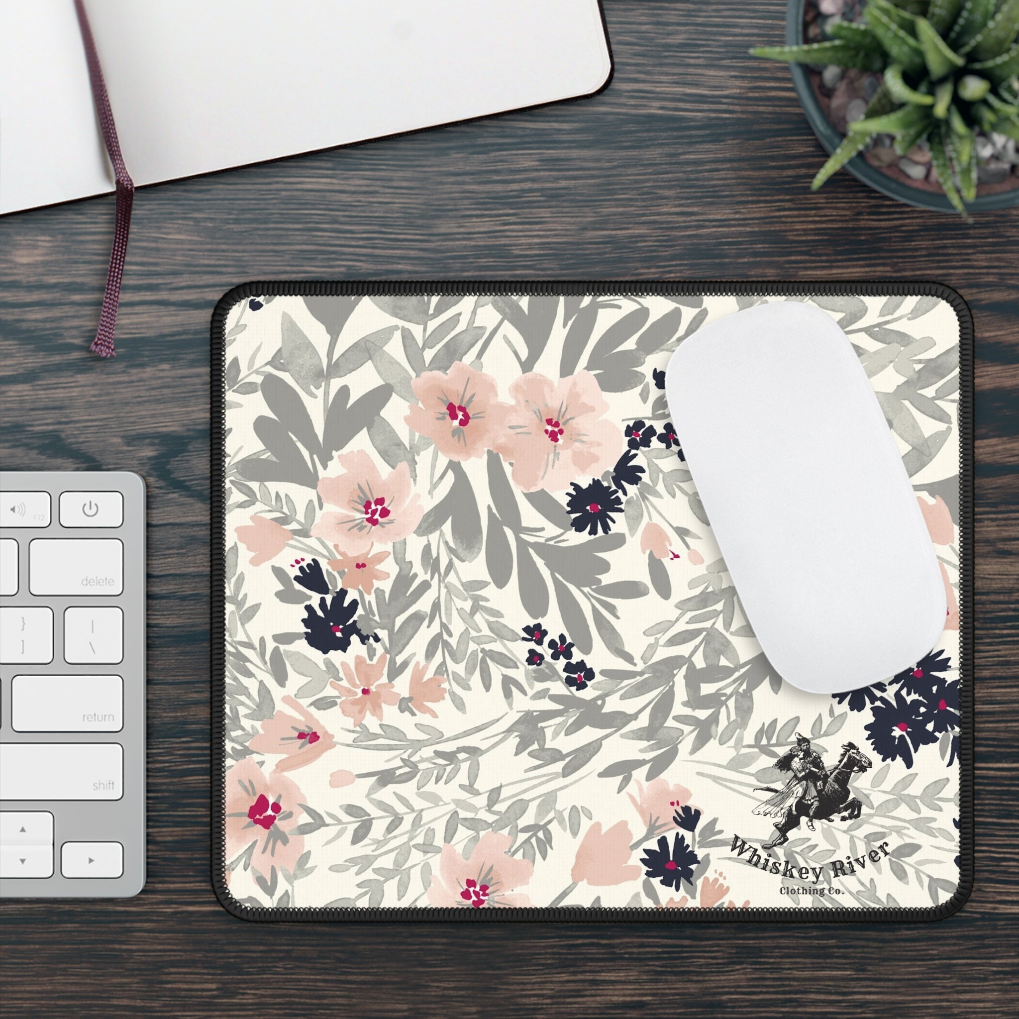 Floral Gaming Mouse Pad — Pink & Gray Botanical Desk Mat