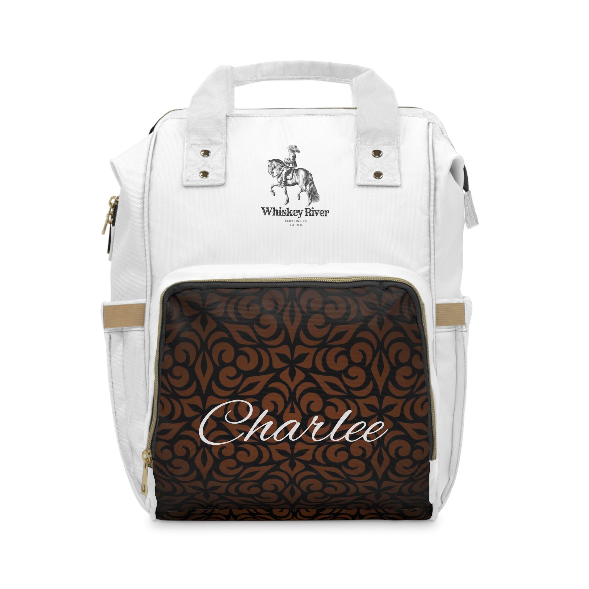 Personalized Diaper Backpack — Brown Floral Pattern with 'Charlie' & Whiskey River Logo