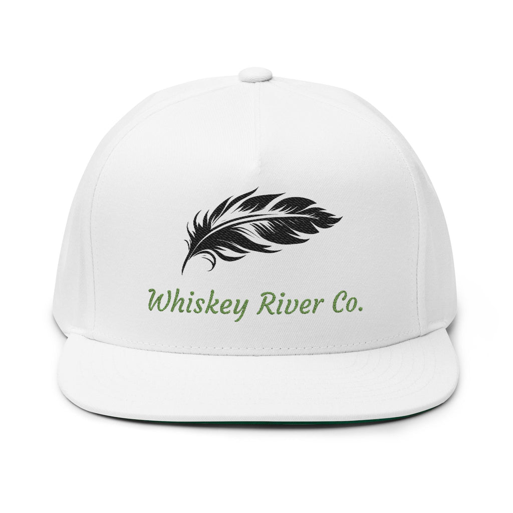 Whiskey River Co. Embroidered Flat Bill Cap — Feather Logo Snapback