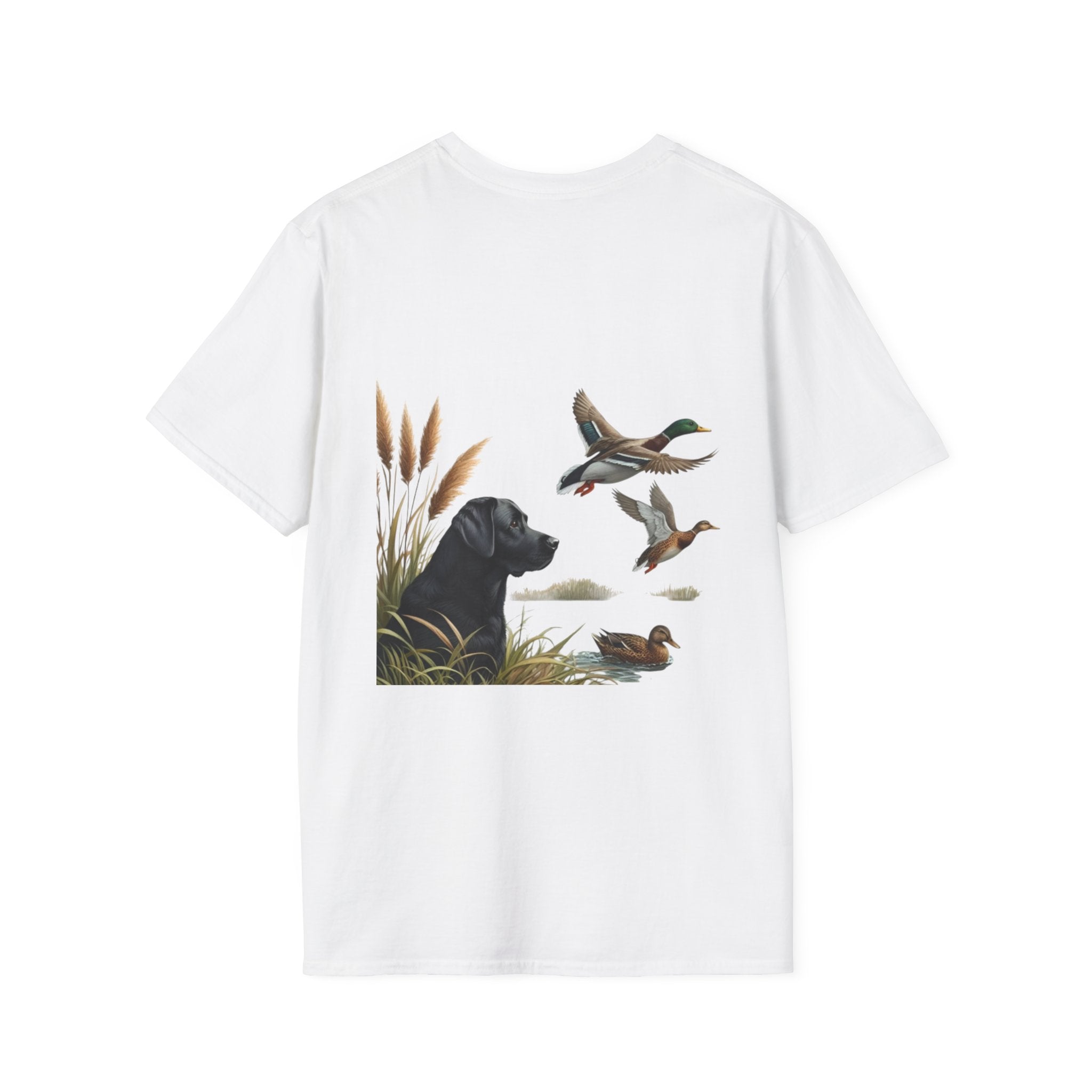 Duck Hunting Dog T-Shirt — Black Lab & Flying Ducks Outdoors Tee