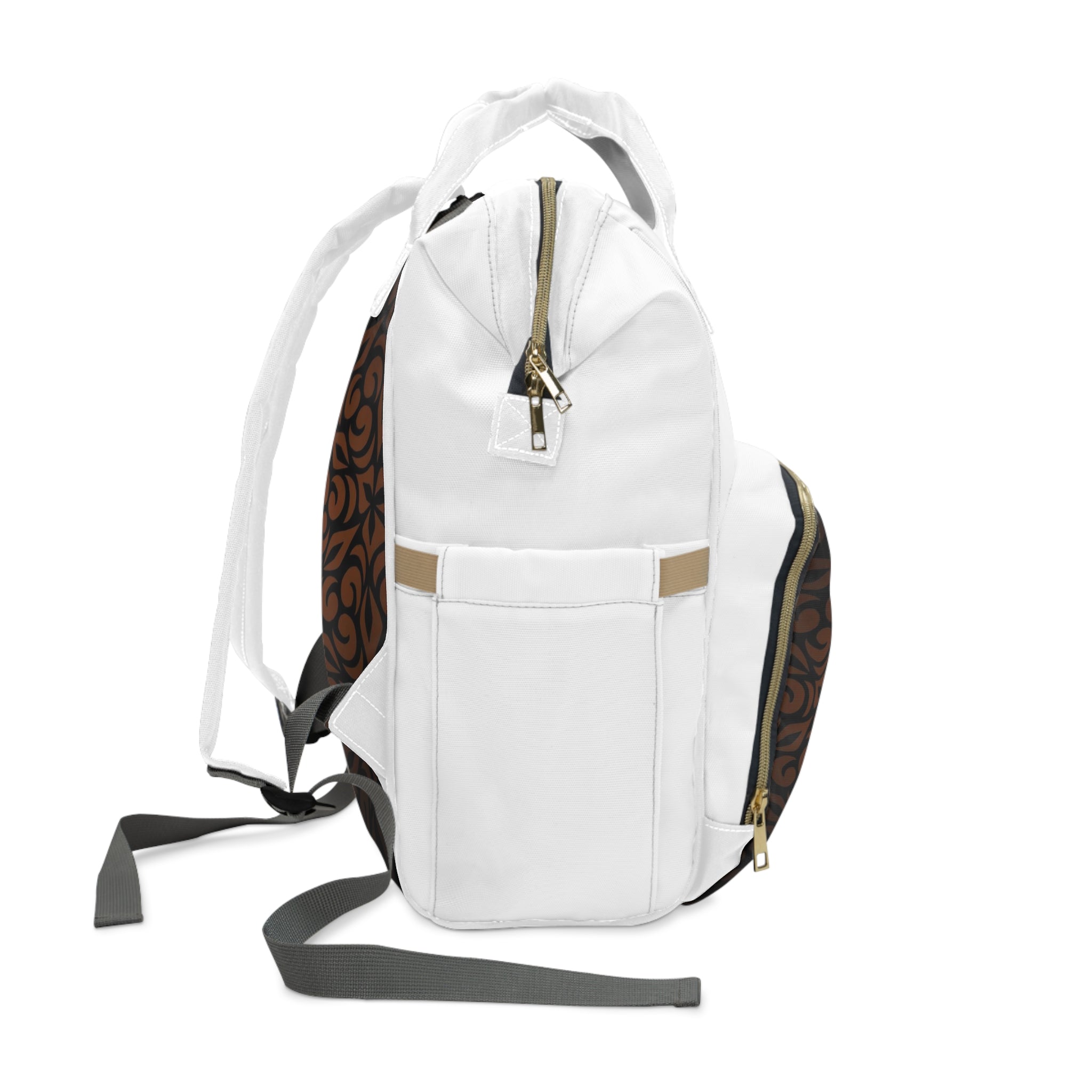 Personalized Diaper Backpack — Brown Floral Pattern with 'Charlie' & Whiskey River Logo