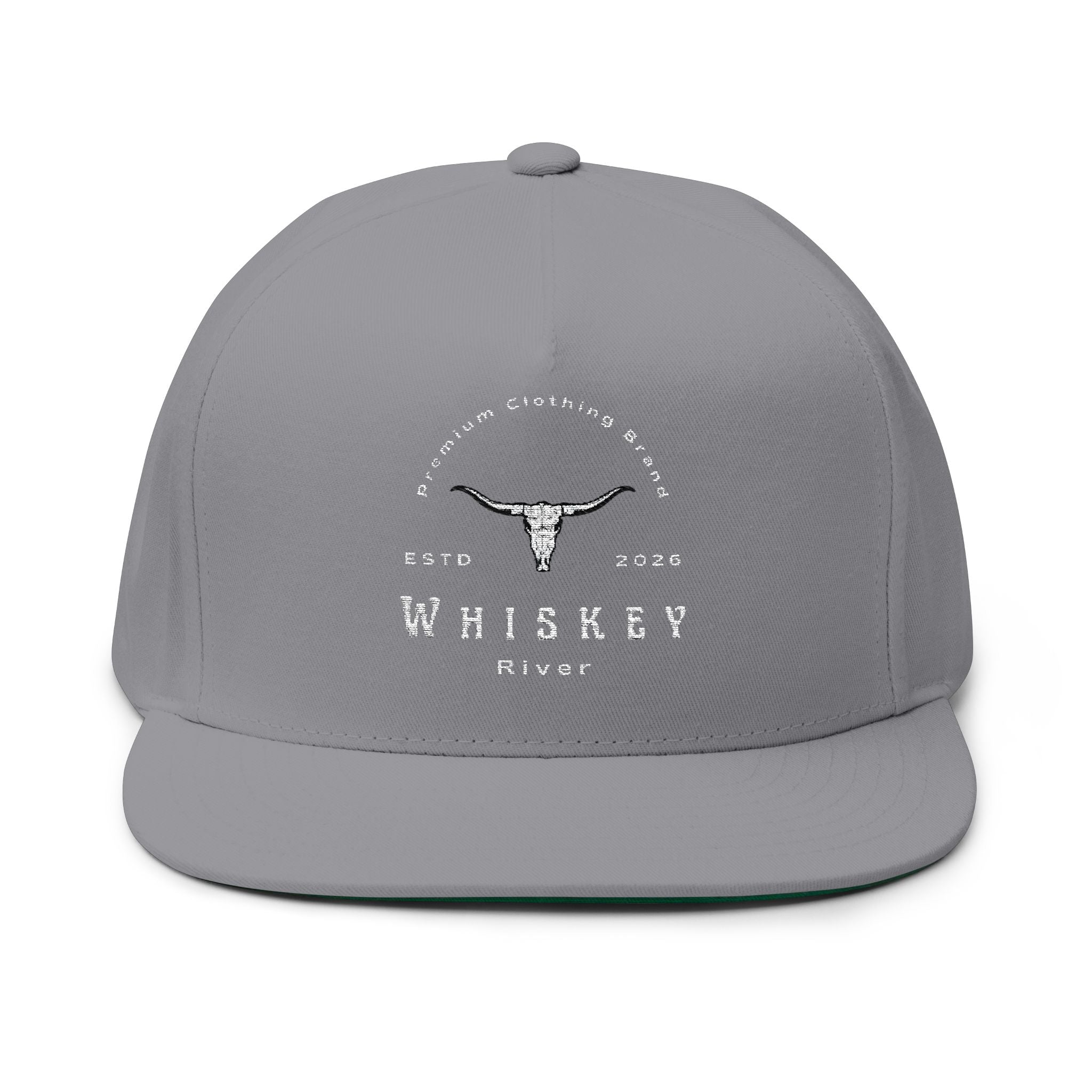 Whiskey River Embroidered Flat Bill Cap — Western Longhorn Logo Snapback