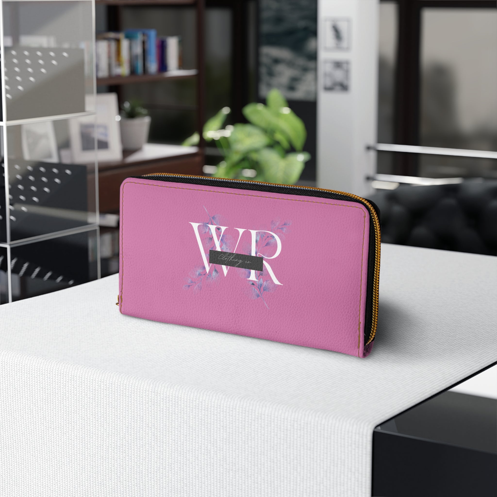 Personalized Pink Zipper Wallet — Monogram WR Floral Leatherette Wallet