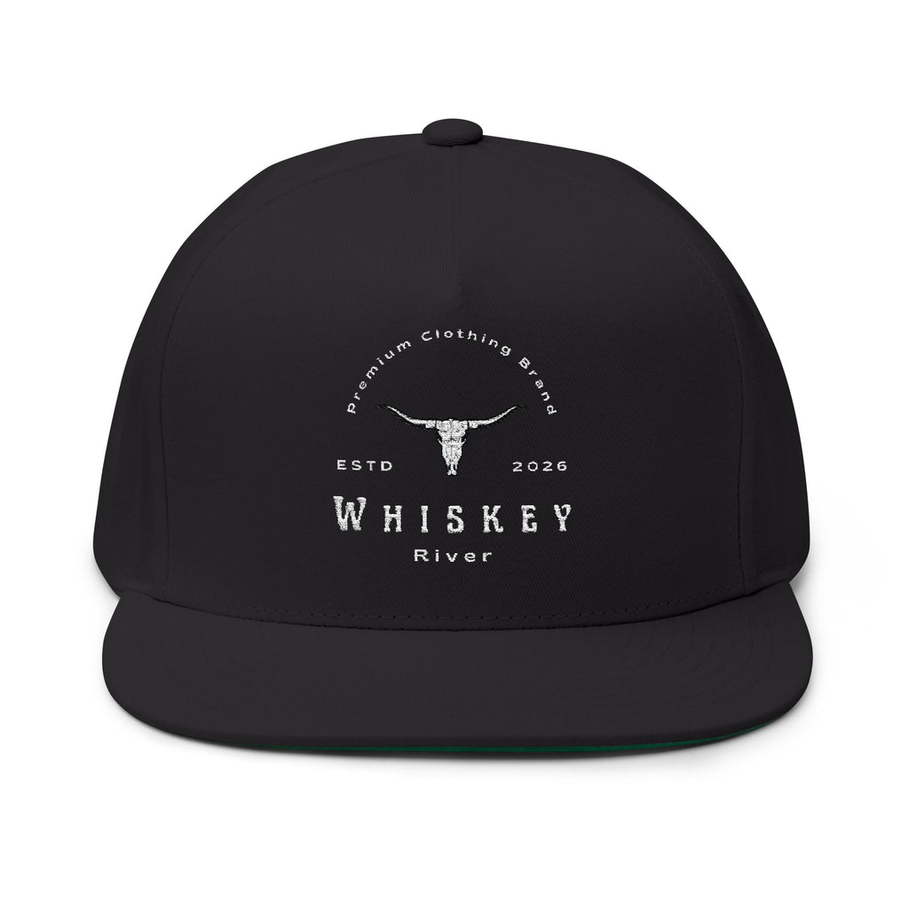 Whiskey River Embroidered Flat Bill Cap — Western Longhorn Logo Snapback