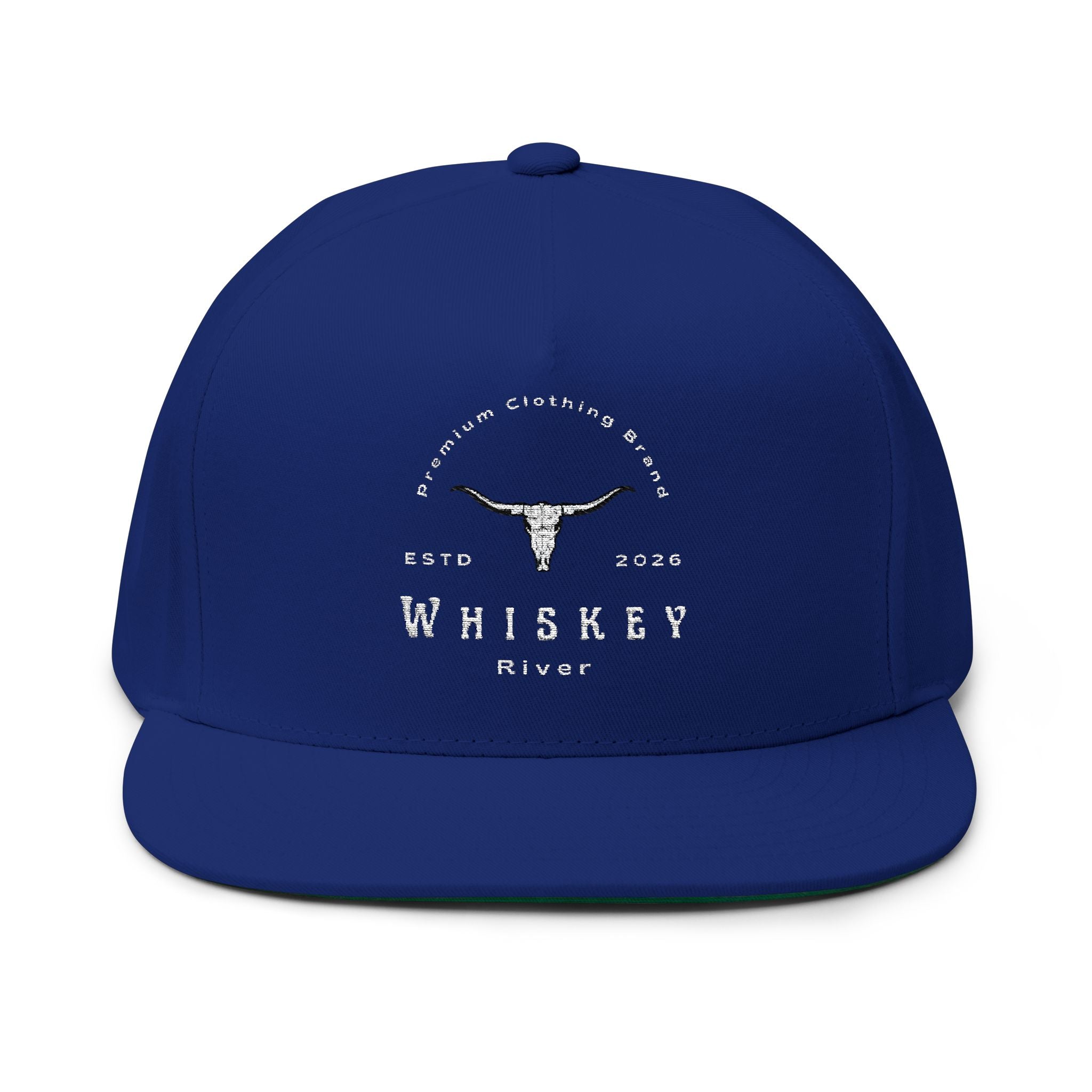 Whiskey River Embroidered Flat Bill Cap — Western Longhorn Logo Snapback