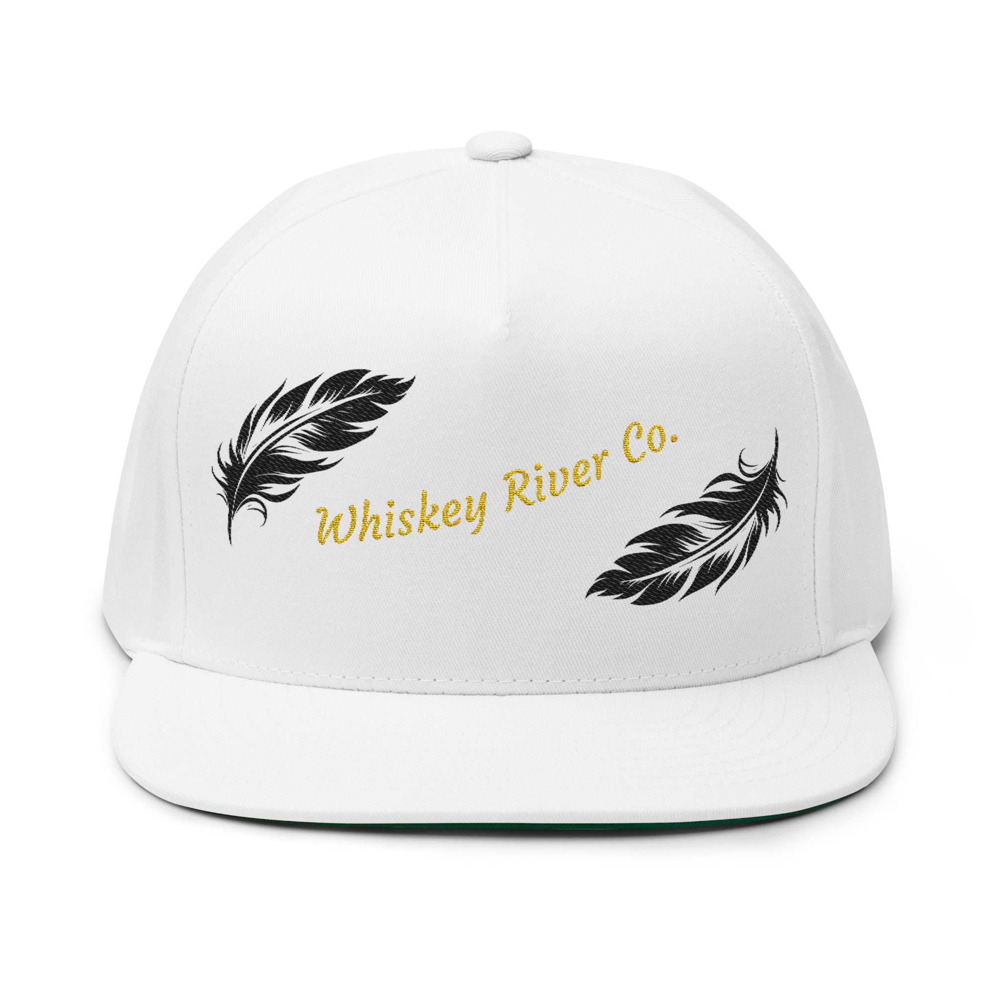 Flat Bill Cap — Embroidered 'Whiskey River Co.' with Feather Design