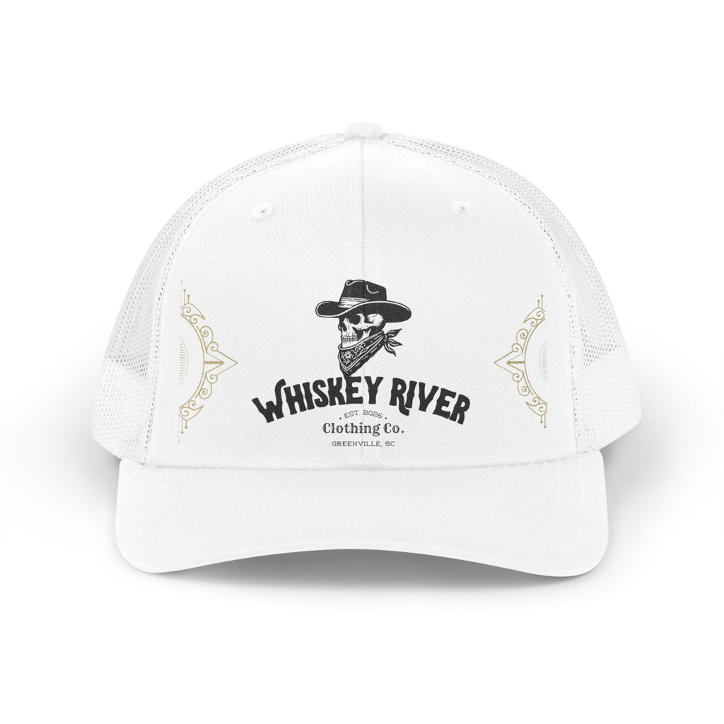 Whiskey River Retro Trucker Hat — Vintage Western Skull Logo Mesh Cap