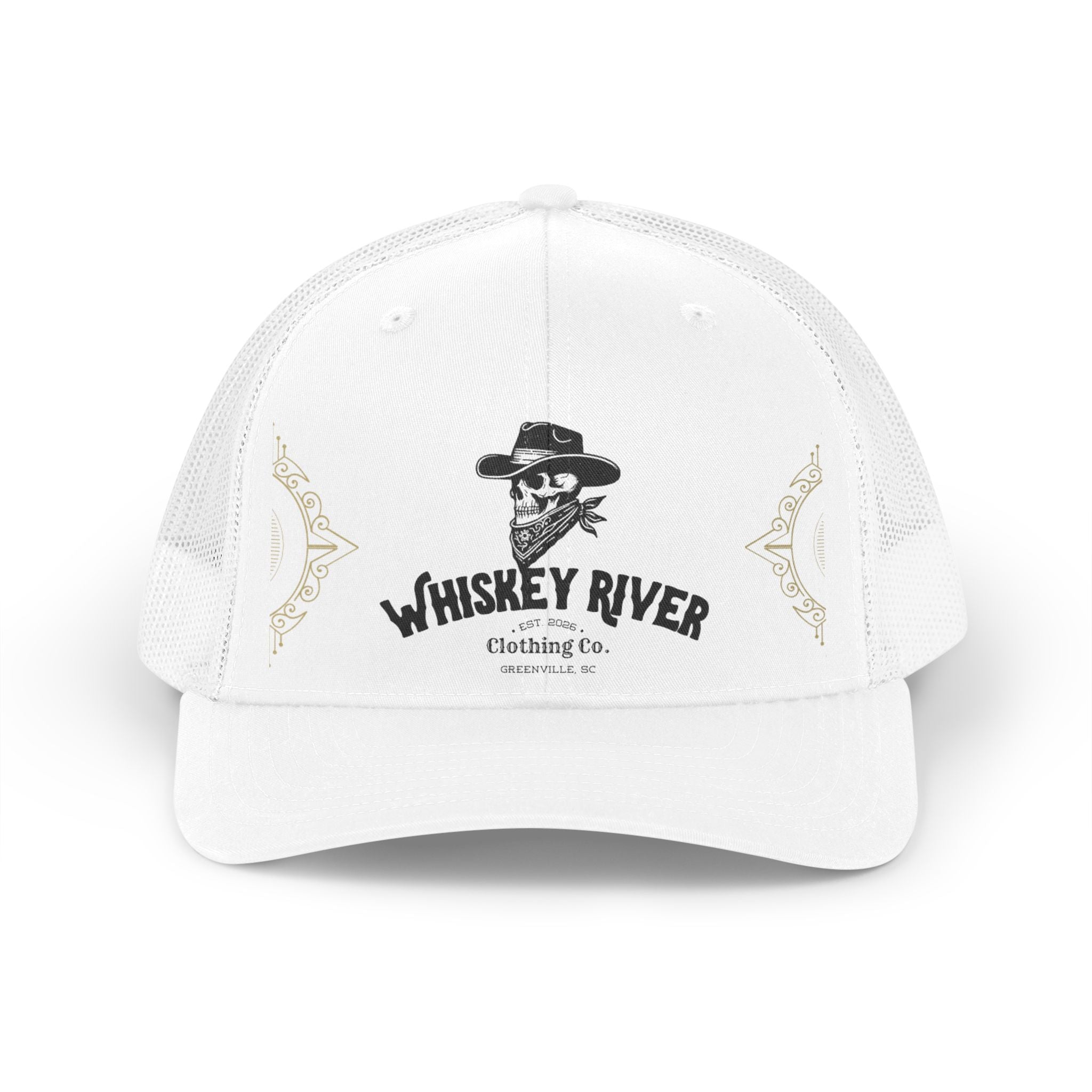 Whiskey River Retro Trucker Hat — Vintage Western Skull Logo Mesh Cap