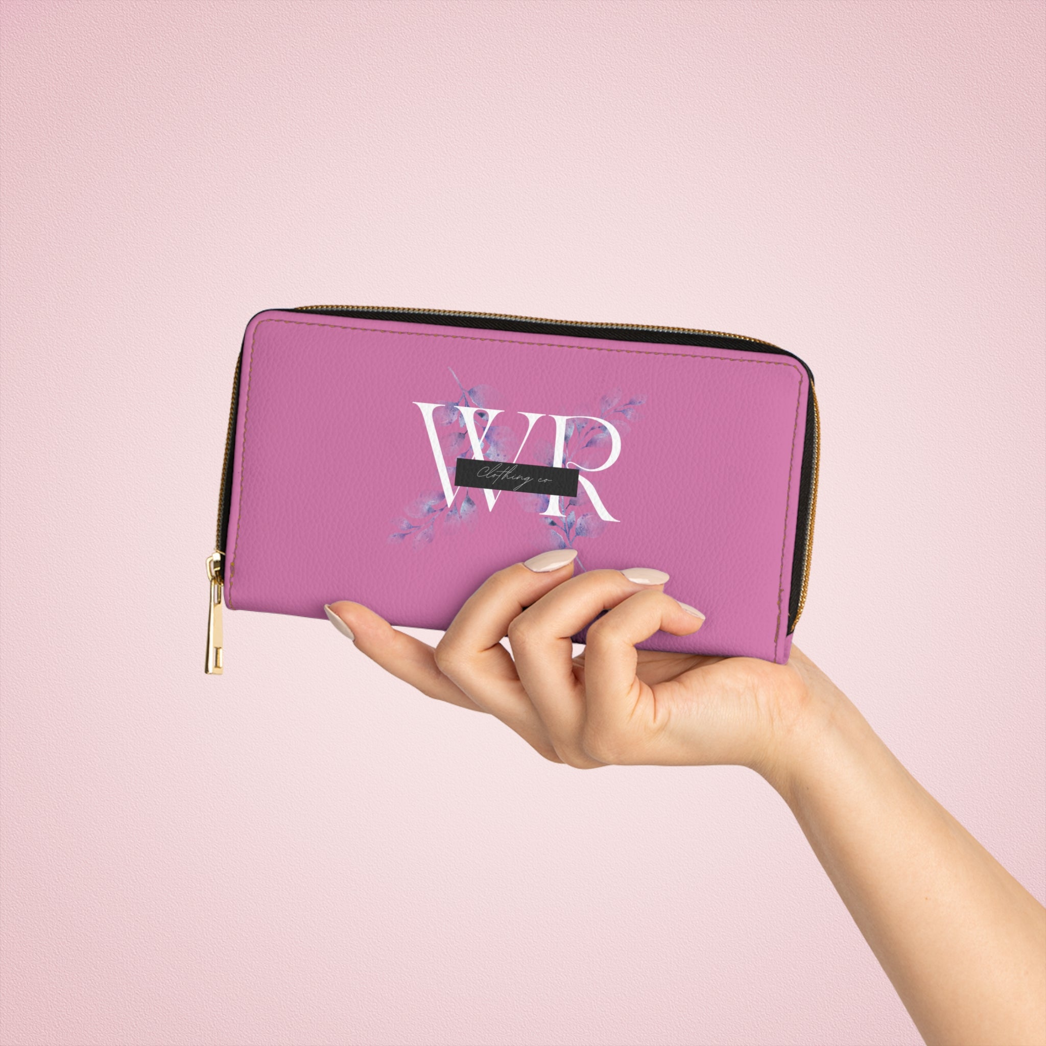 Personalized Pink Zipper Wallet — Monogram WR Floral Leatherette Wallet