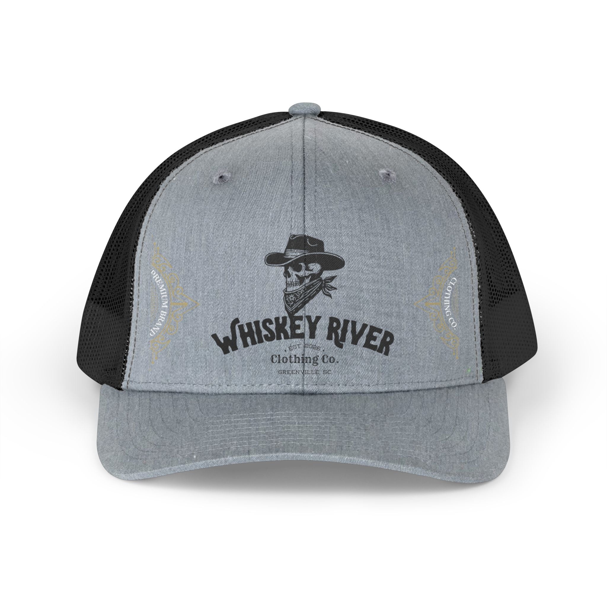 Whiskey River Retro Trucker Hat — Vintage Western Skull Logo Mesh Cap