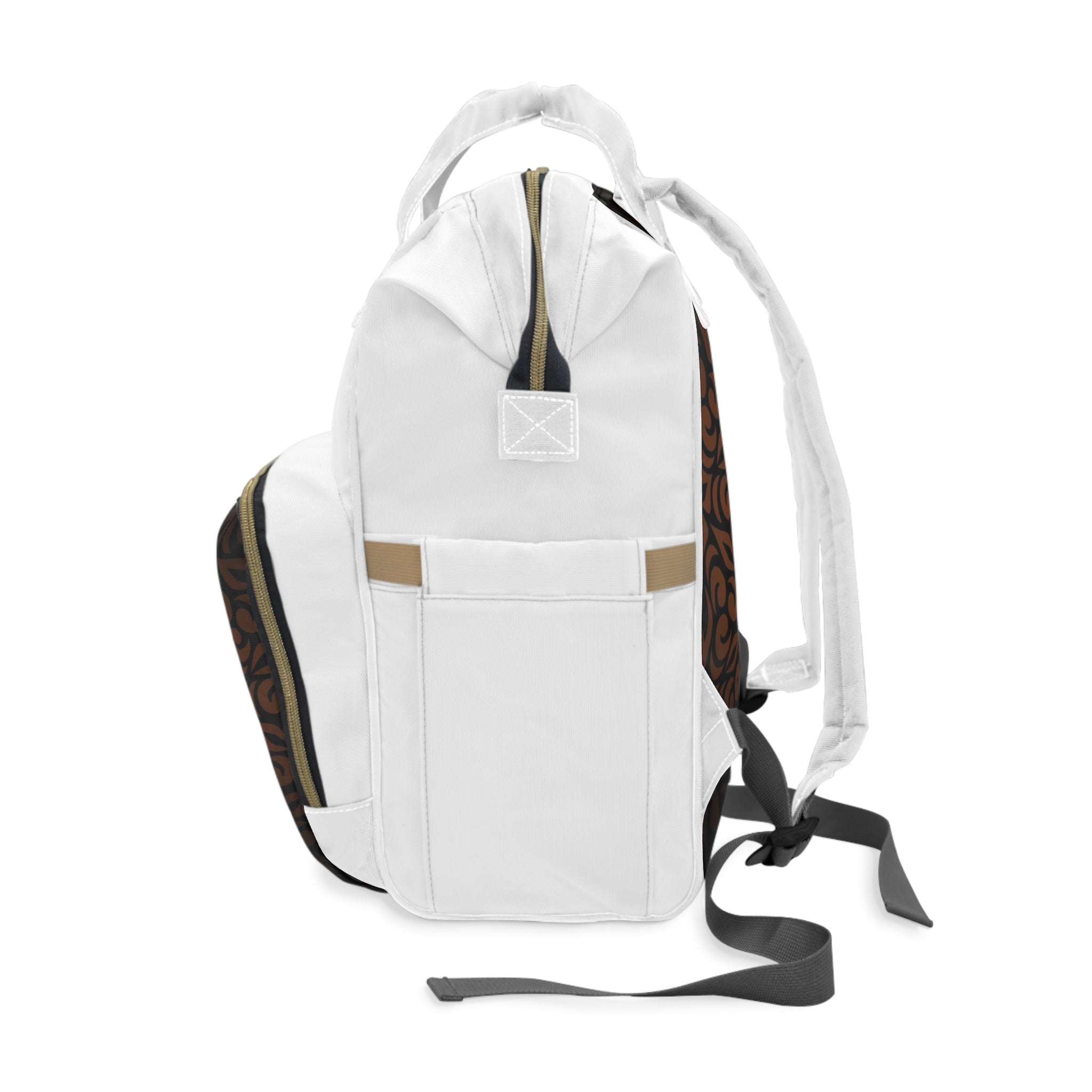 Personalized Diaper Backpack — Brown Floral Pattern with 'Charlie' & Whiskey River Logo