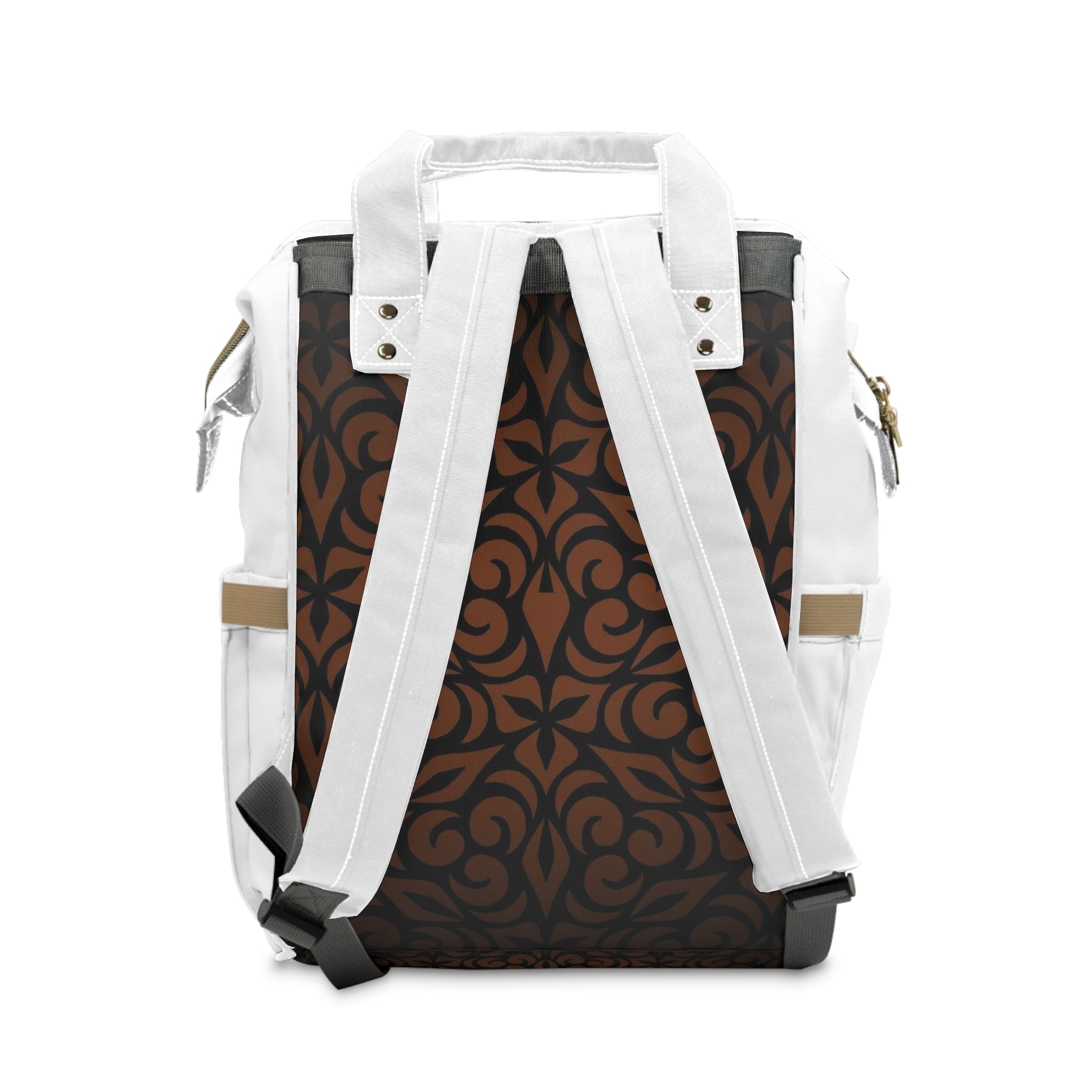 Personalized Diaper Backpack — Brown Floral Pattern with 'Charlie' & Whiskey River Logo