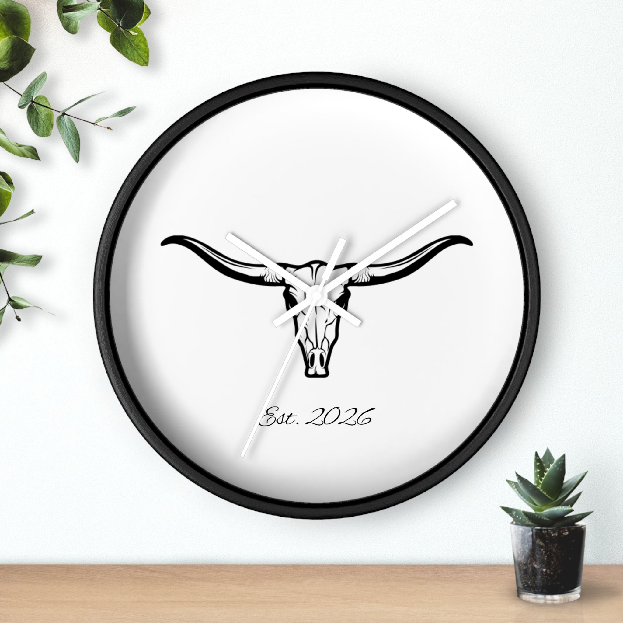 Longhorn Skull Wall Clock — Minimalist Western ‘Est. 2026’ Decorative Clock